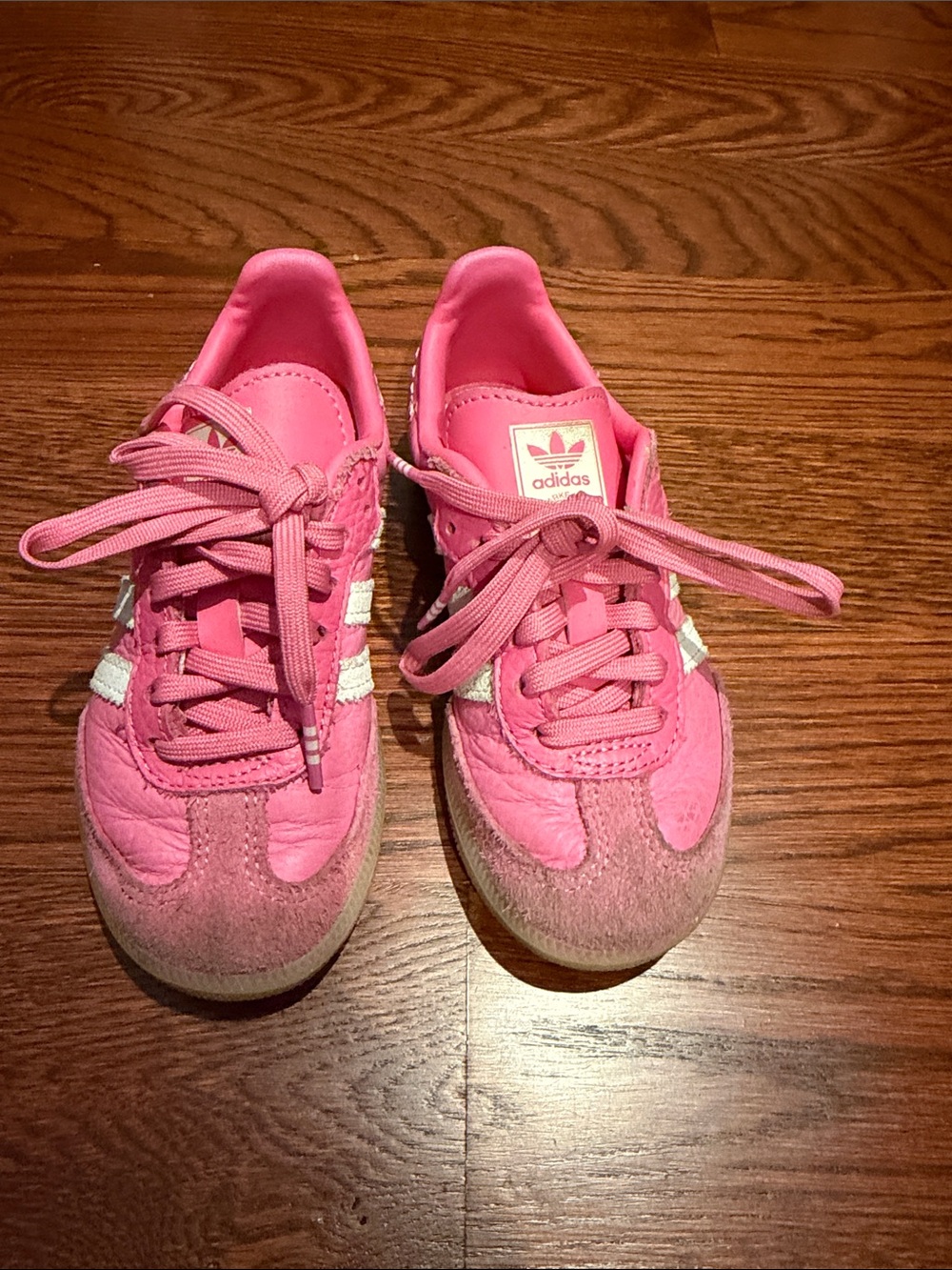 adidas girl Bright Pink Lace-Up Sneakers with White Stripes